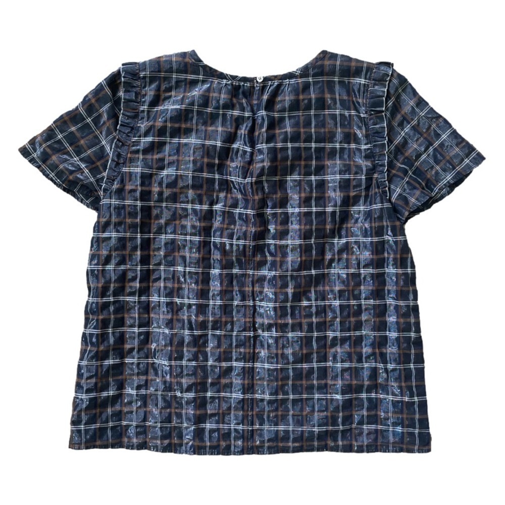 LOFT Metallic Navy Plaid Ruffle Short Sleeve Top, L - Picture 4 of 12